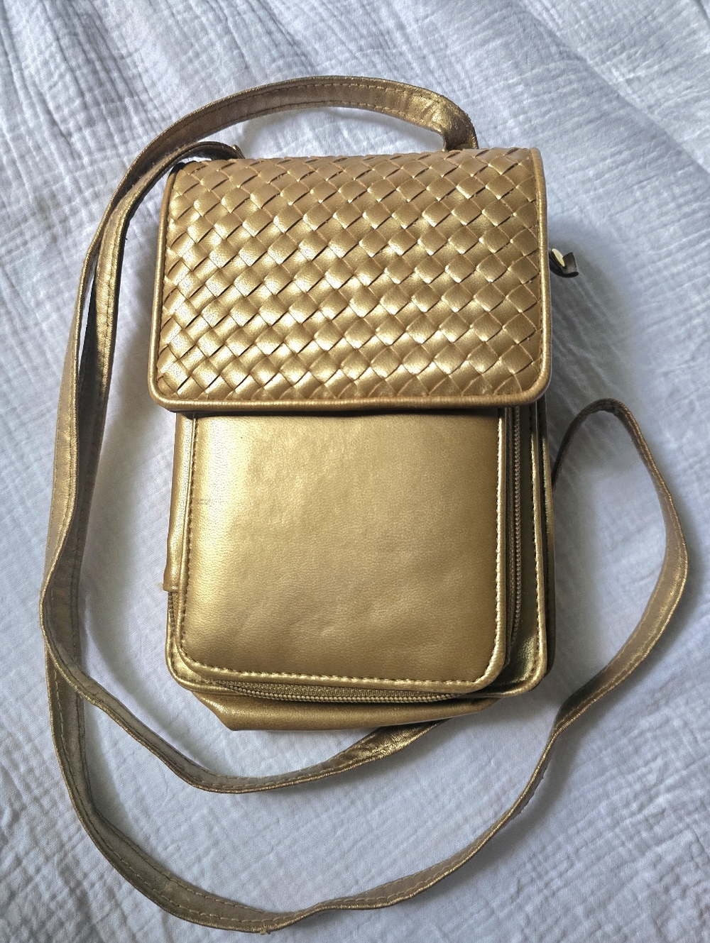 Gold Vegan Leather Crossbody Satchel Phose Purse Woven Long Strap Shoulder Bag